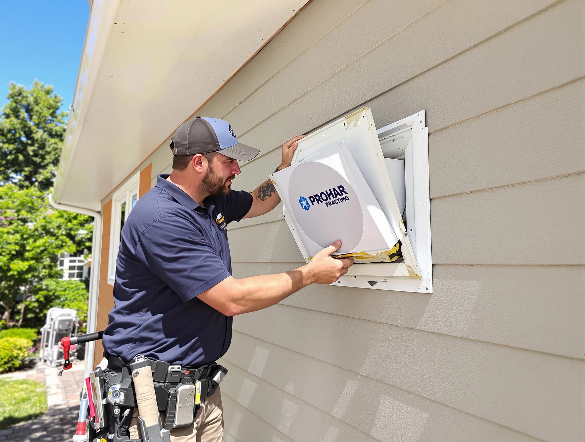 Chattahoochee Hills Dryer Vent Cleaning technician installing a new protective dryer vent cover on a home in Chattahoochee Hills