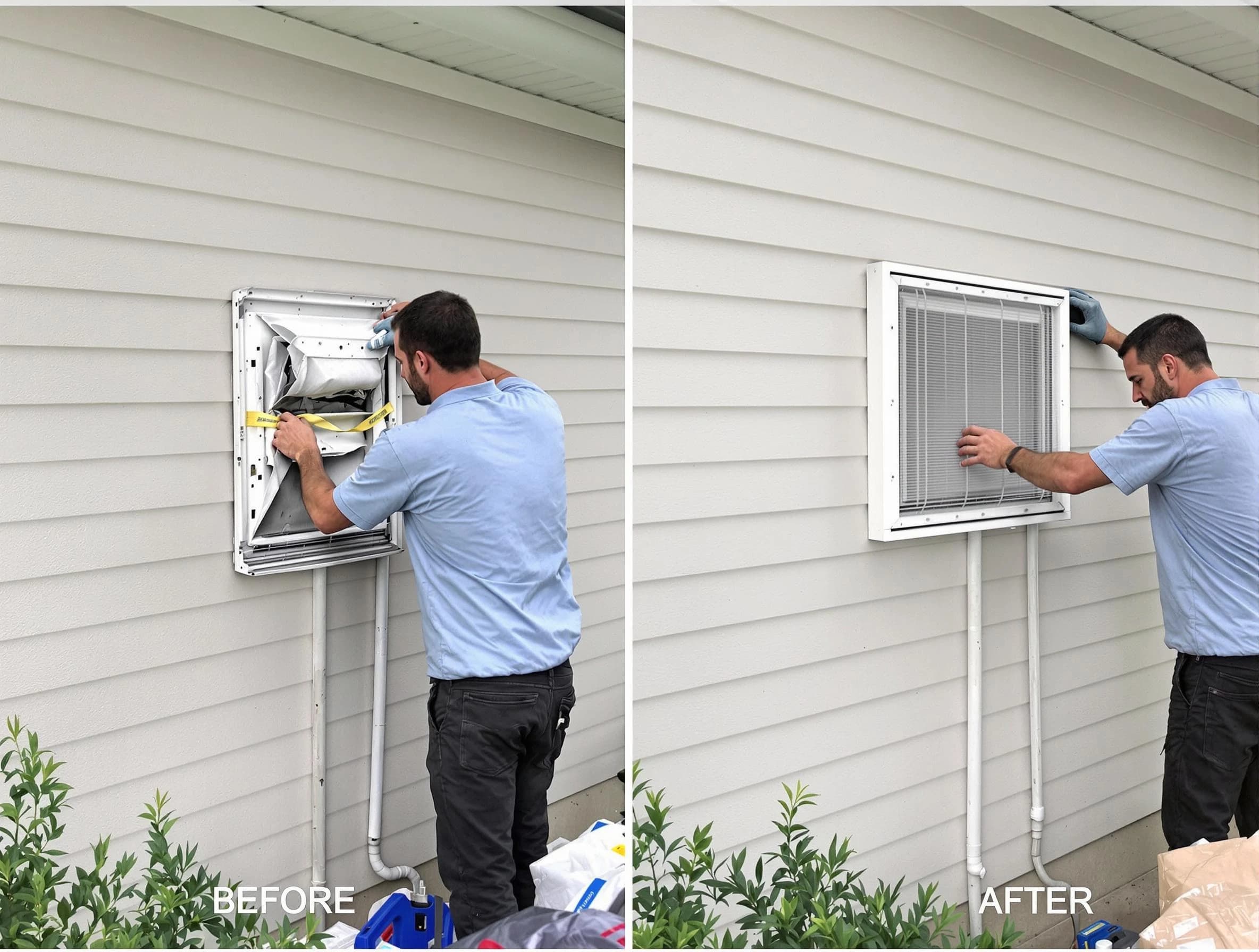 Chattahoochee Hills Dryer Vent Cleaning technician installing high-quality dryer vent cover at a residential property in Chattahoochee Hills