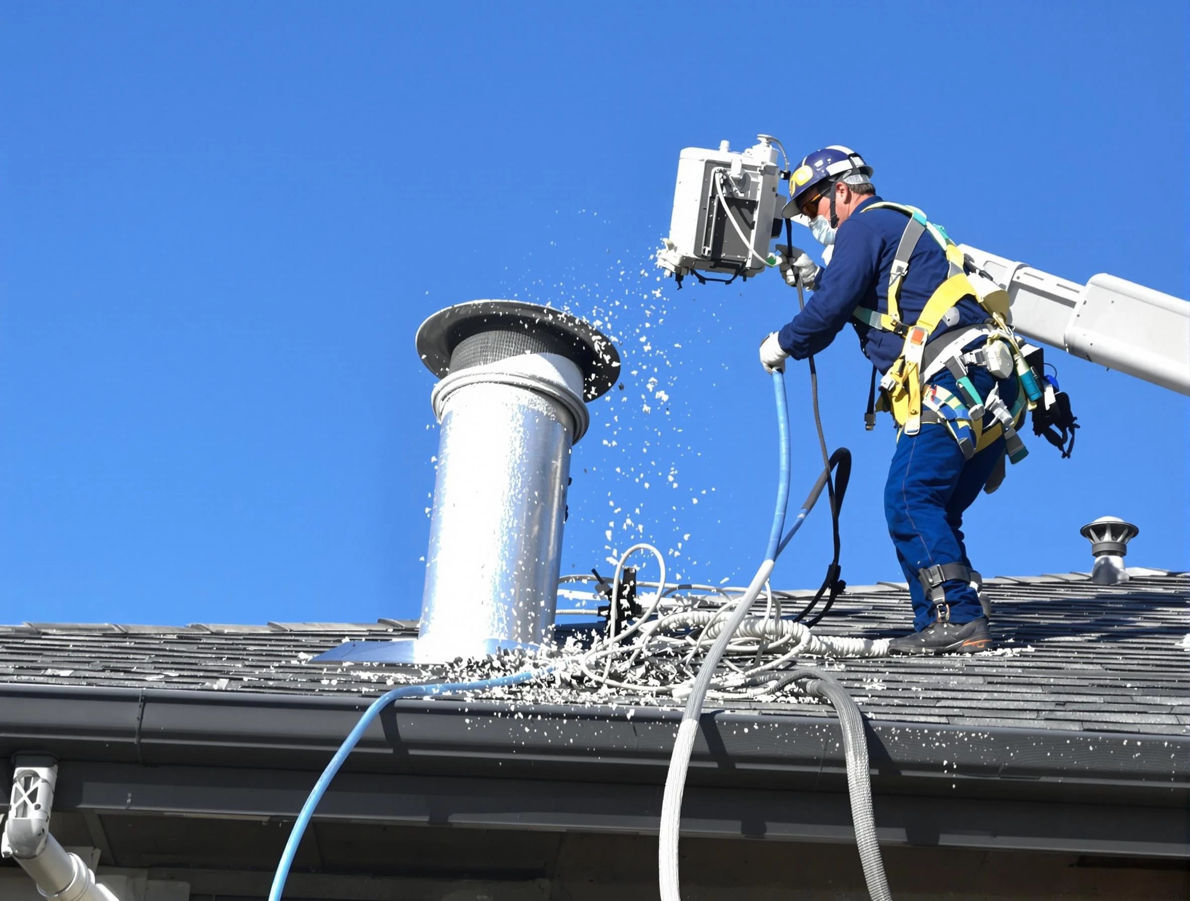 Chattahoochee Hills Dryer Vent Cleaning certified technician safely cleaning a roof-mounted dryer vent in Chattahoochee Hills